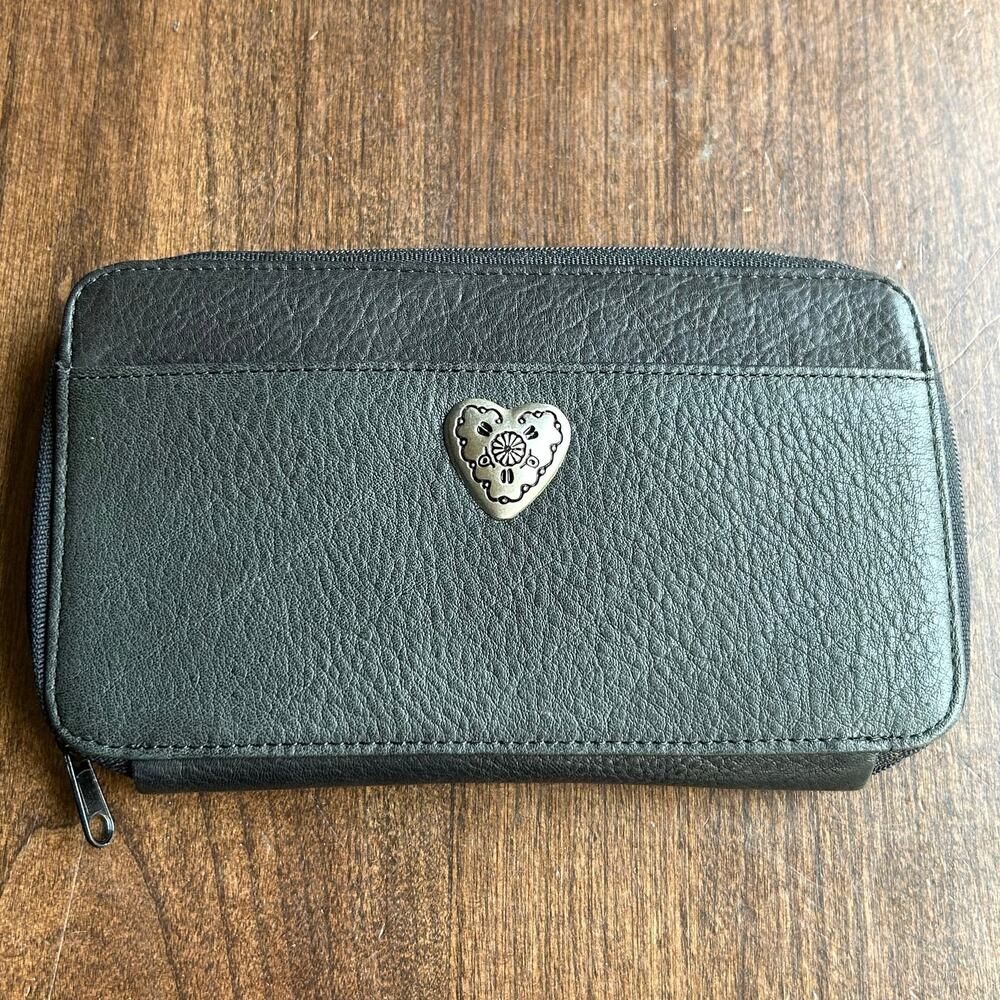 Brighton black pebble leather wallet tooled sterling silver heart